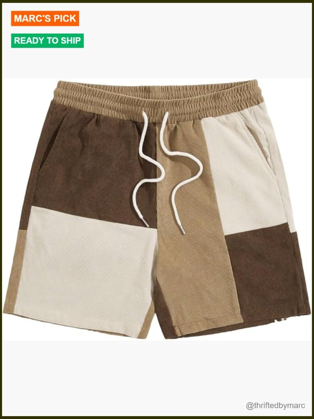 Men's Colorblock Drawstring Waist Corduroy Casual Shorts with Pockets